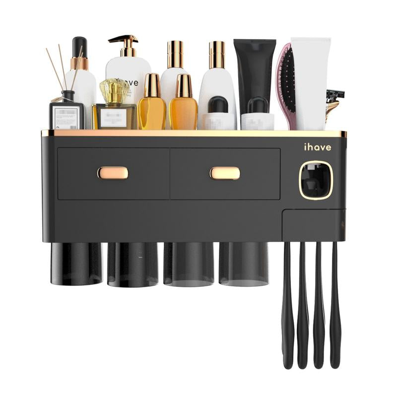Ihave Toothbrush Holders for Bathrooms, 4 Cups Toothbrush Holder Wall Mounted with Toothpaste Dispenser - Large Capacity Tray, 2 Cosmetic Drawer - Bathroom Storage & Bathroom Organizer House