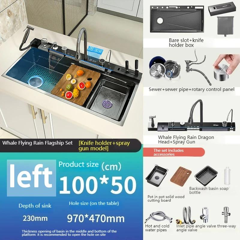 Stainless Steel Kitchen Sink with Waterfall Single Bowl Digital Display Extra Large Slot Multifunctional Washing Sinks