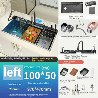 Stainless Steel Kitchen Sink with Waterfall Single Bowl Digital Display Extra Large Slot Multifunctional Washing Sinks