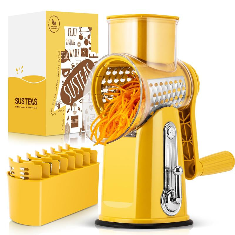 SUSTEAS Rotary Cheese Grater with Handle, 5 Well-Designed Blades, Strong Suction Cup Base, Kitchen Utensils Vegetable Slicer Dicer Fruit Vegetable Slicer Gadgets Kitchen