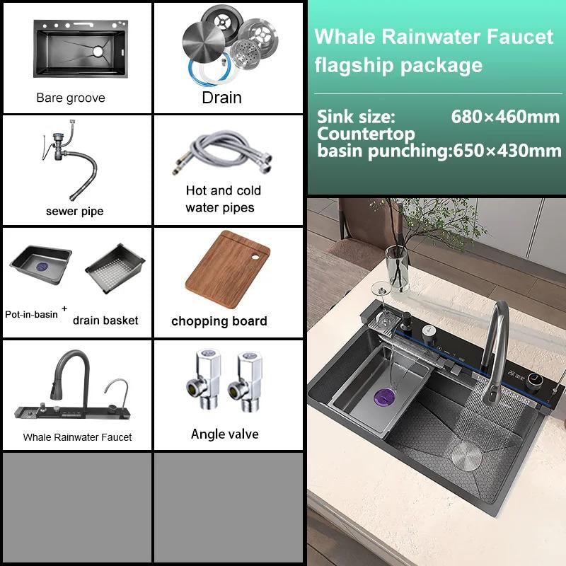 Stainless Steel Kitchen Sink with Waterfall Single Bowl Digital Display Extra Large Slot Multifunctional Washing Sinks