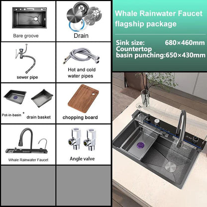 Stainless Steel Kitchen Sink with Waterfall Single Bowl Digital Display Extra Large Slot Multifunctional Washing Sinks