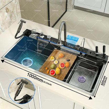 Stainless Steel Kitchen Sink with Waterfall Single Bowl Digital Display Extra Large Slot Multifunctional Washing Sinks