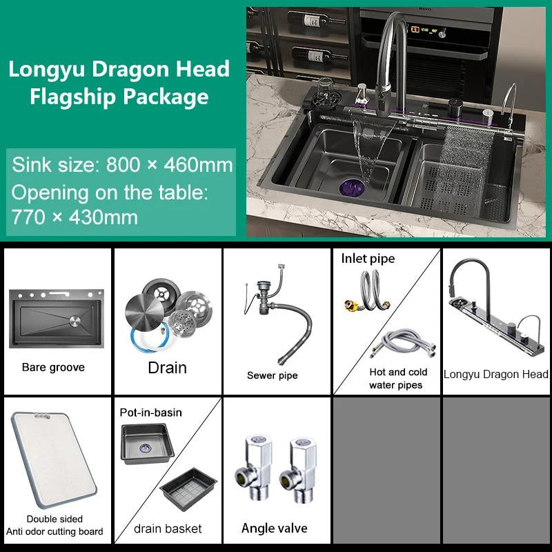 Stainless Steel Kitchen Sink with Waterfall Single Bowl Digital Display Extra Large Slot Multifunctional Washing Sinks