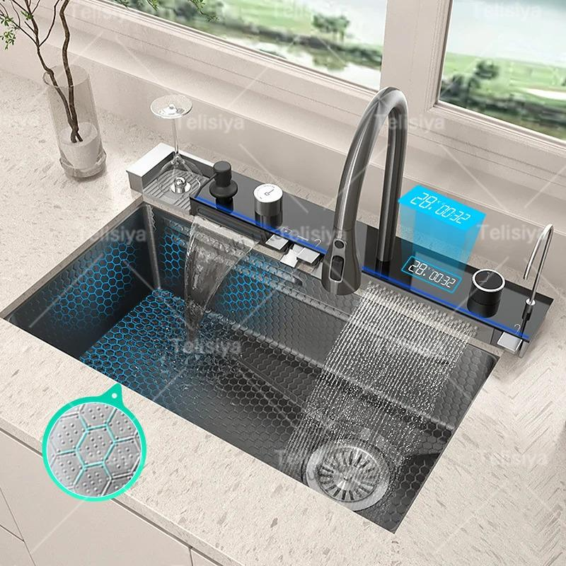 Stainless Steel Kitchen Sink with Waterfall Single Bowl Digital Display Extra Large Slot Multifunctional Washing Sinks