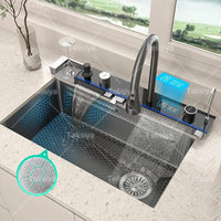 Stainless Steel Kitchen Sink with Waterfall Single Bowl Digital Display Extra Large Slot Multifunctional Washing Sinks
