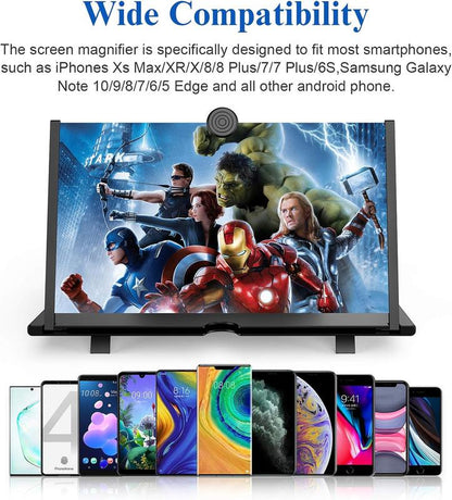 12" Screen Magnifier,3D HD Mobile Phone Magnifier Projector Screen Enlarger for Movies, Videos, and Gaming,Foldable Cell Phone Stand with Screen Amplifier,Supports All Smartphones (Black, 12Inch)