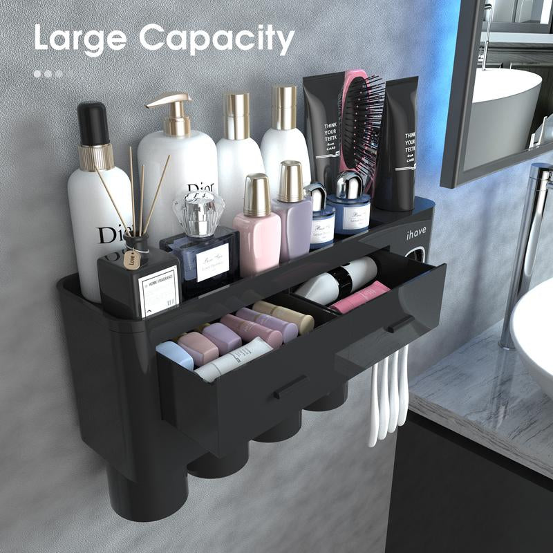 Ihave Toothbrush Holders for Bathrooms, 4 Cups Toothbrush Holder Wall Mounted with Toothpaste Dispenser - Large Capacity Tray, 2 Cosmetic Drawer - Bathroom Storage & Bathroom Organizer House