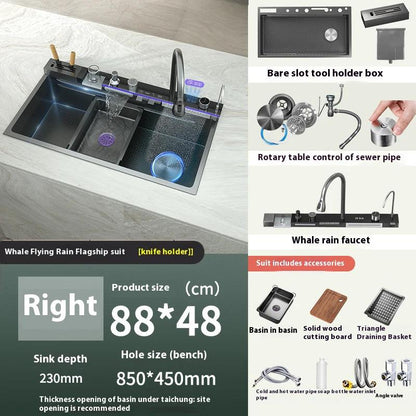 Stainless Steel Kitchen Sink with Waterfall Single Bowl Digital Display Extra Large Slot Multifunctional Washing Sinks
