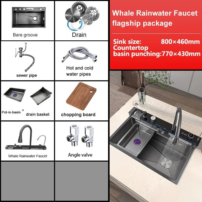 Stainless Steel Kitchen Sink with Waterfall Single Bowl Digital Display Extra Large Slot Multifunctional Washing Sinks