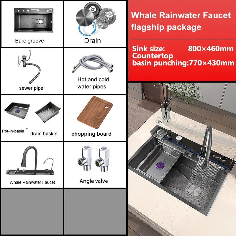 Stainless Steel Kitchen Sink with Waterfall Single Bowl Digital Display Extra Large Slot Multifunctional Washing Sinks