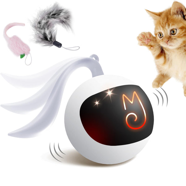Migipaws Interactive Cat Toy Set (White) – Motion Activated Rolling Ball with Fluffy Tail & Mouse Accessories, Rechargeable, Fun Indoor Chase Toy for Cats - Mingle & Moa