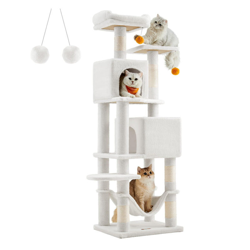Feandrea 61" Cat Tree – Multi-Level Tower with Scratching Posts, Hammock & Caves, Cream White - Mingle & Moa
