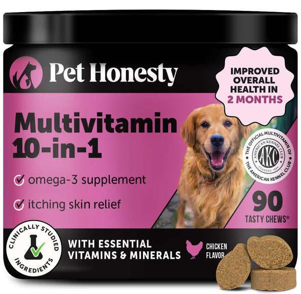 Multivitamin Dog Supplement with Glucosamine, Probiotics, and Omega Fish Oil for Skin & Coat – Chicken Flavor, 90 Count. - Mingle & Moa