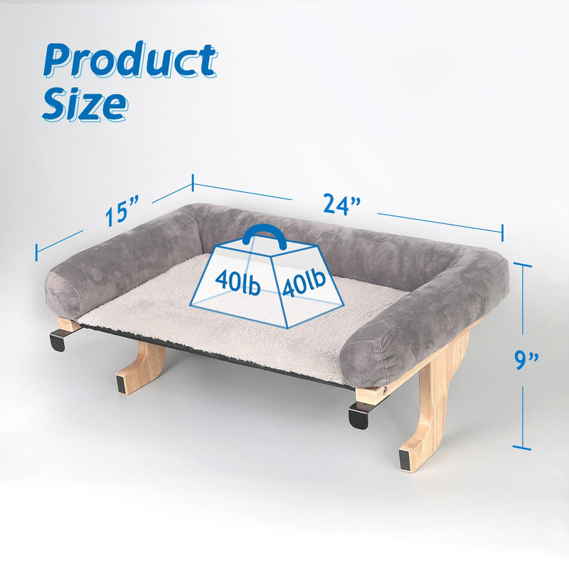 Zakkart Cat Window Perch - Orthopedic Hammock with Hardwood & Metal Frame, Natural Wood with Gray Bed - Mingle & Moa