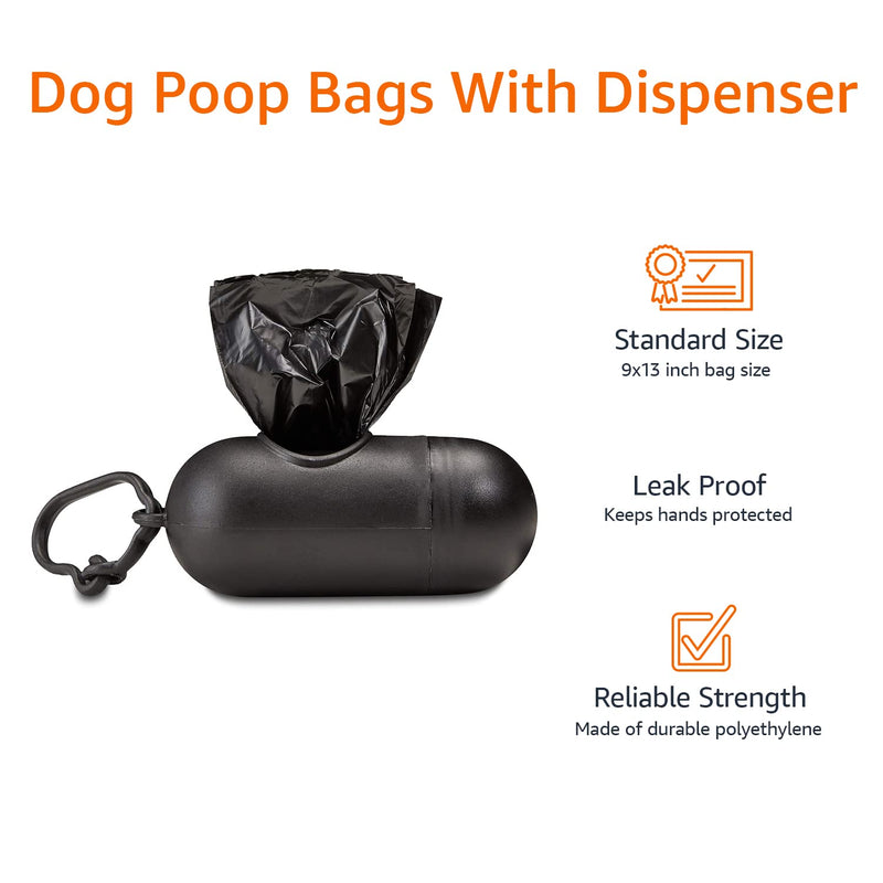 Dog Poop Bags, Leak-Proof and Unscented, with Dispenser and Leash Clip, 300 Count (20 Rolls of 15), Black, 13 x 9 Inch - Mingle & Moa