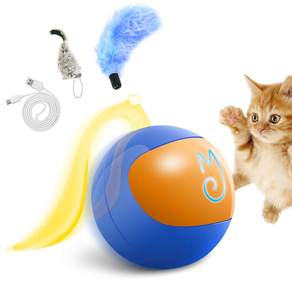 Migipaws Interactive Cat Toy Set (Blue) – Motion Activated Rolling Ball with Fluffy Tail & Mouse Accessories, Rechargeable, Fun Indoor Chase Toy for Cats - Mingle & Moa