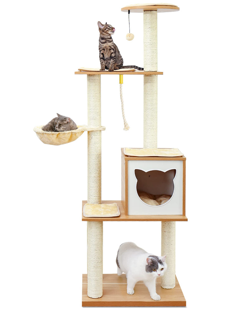 Made4Pets 65" Cat Tree – Modern Wooden Tower with Hammock & Scratching Post for Indoor Cats - Mingle & Moa