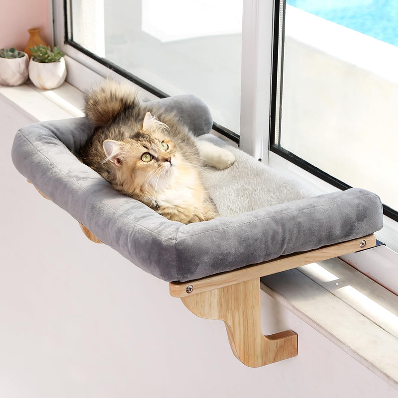 Zakkart Cat Window Perch - Orthopedic Hammock with Hardwood & Metal Frame, Natural Wood with Gray Bed - Mingle & Moa