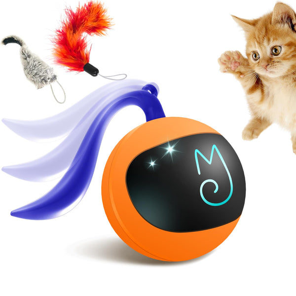Migipaws Interactive Cat Toy Set (Orange) – Motion Activated Rolling Ball with Fluffy Tail & Mouse Accessories, Rechargeable, Fun Indoor Chase Toy for Cats - Mingle & Moa