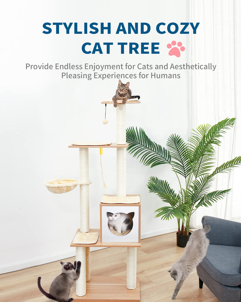 Made4Pets 65" Cat Tree – Modern Wooden Tower with Hammock & Scratching Post for Indoor Cats - Mingle & Moa