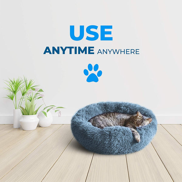 Whiskers & Friends Cat Bed - Washable Orthopedic Soft Fluffy Round Calming Pet Bed for Cats & Small Dogs - Mingle & Moa