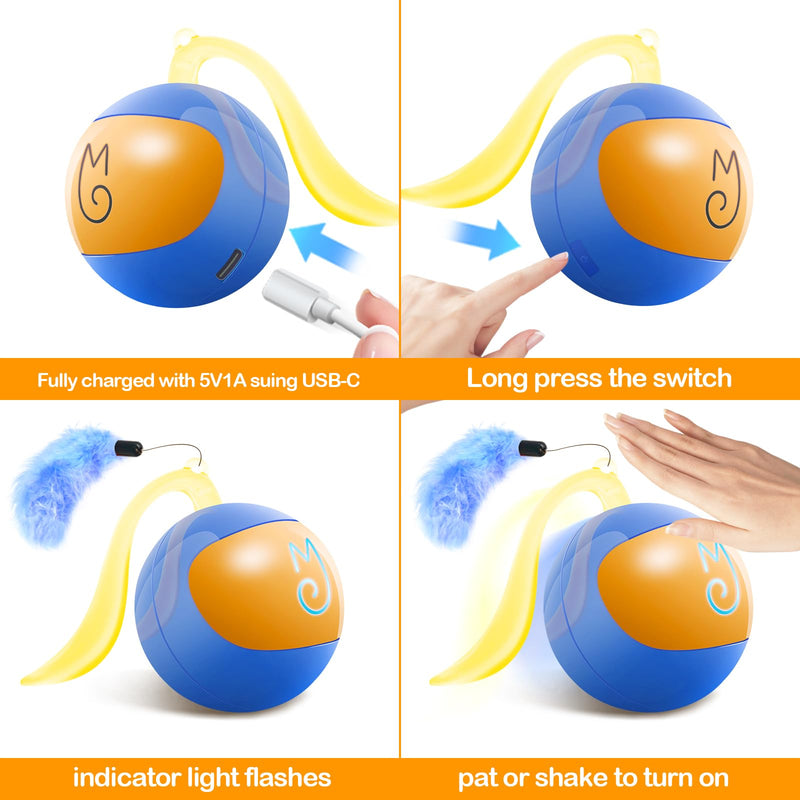 Migipaws Interactive Cat Toy Set (Blue) – Motion Activated Rolling Ball with Fluffy Tail & Mouse Accessories, Rechargeable, Fun Indoor Chase Toy for Cats - Mingle & Moa