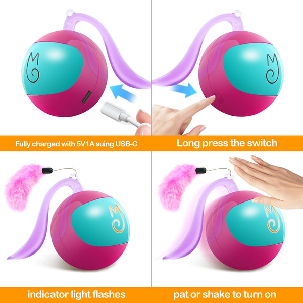 Migipaws Interactive Cat Toy Set (Rose) – Motion Activated Rolling Ball with Fluffy Tail &amp; Mouse Accessories, Rechargeable, Fun Indoor Chase Toy for Cats - Mingle & Moa