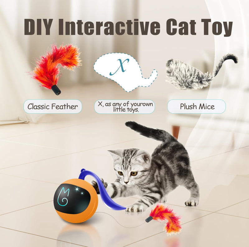 Migipaws Interactive Cat Toy Set (Orange) – Motion Activated Rolling Ball with Fluffy Tail & Mouse Accessories, Rechargeable, Fun Indoor Chase Toy for Cats - Mingle & Moa