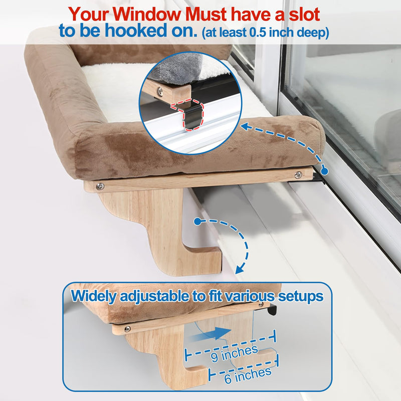 Zakkart Cat Window Perch - Orthopedic Hammock with Hardwood & Metal Frame, Natural Wood with Gray Bed - Mingle & Moa