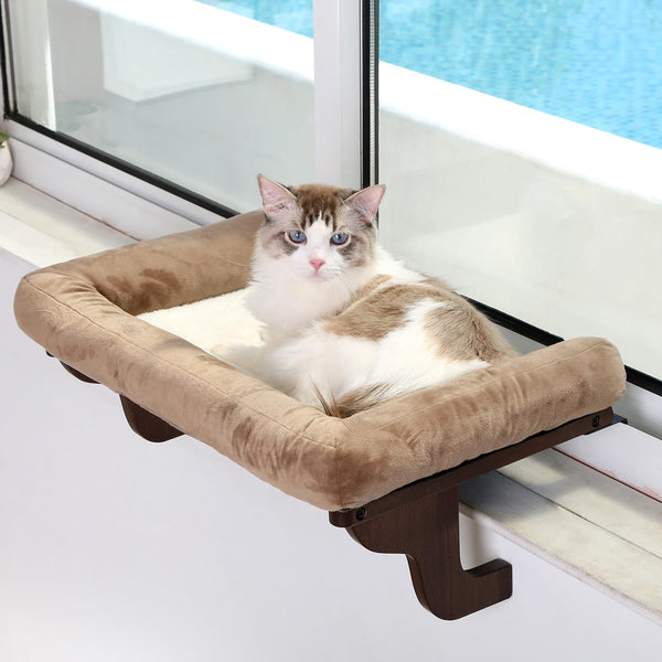 Zakkart Cat Window Perch - Orthopedic Hammock with Hardwood & Metal Frame, Dark Stained Wood with Brown Bed - Mingle & Moa