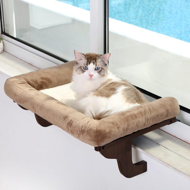 Zakkart Cat Window Perch - Orthopedic Hammock with Hardwood & Metal Frame, Dark Stained Wood with Brown Bed - Mingle & Moa