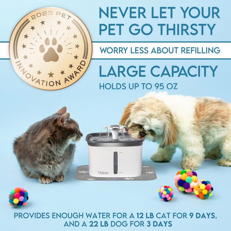 Veken 95oz/2.8L Automatic Pet Water Fountain – Includes Replacement Filters, for Cats, Dogs, and Multi-Pet Homes (Grey, Plastic) - Mingle & Moa