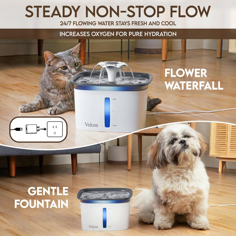 Veken 95oz/2.8L Automatic Pet Water Fountain – Includes Replacement Filters, for Cats, Dogs, and Multi-Pet Homes (Grey, Plastic) - Mingle & Moa
