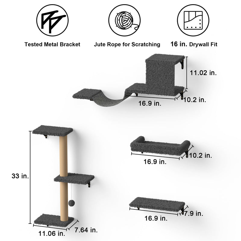 FUKUMARU 4-in-1 Cat Wall Shelf Set – Gray (For 16" Drywall) - Mingle & Moa