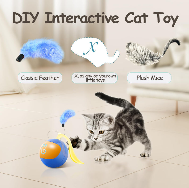 Migipaws Interactive Cat Toy Set (Blue) – Motion Activated Rolling Ball with Fluffy Tail & Mouse Accessories, Rechargeable, Fun Indoor Chase Toy for Cats - Mingle & Moa
