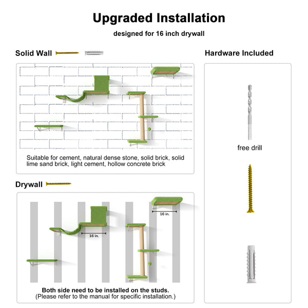 FUKUMARU 4-in-1 Cat Wall Set – Green (Bridge, Bed, Scratcher for 16" Drywall) - Mingle & Moa