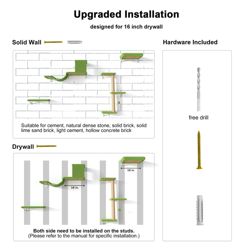 FUKUMARU 4-in-1 Cat Wall Set – Green (Bridge, Bed, Scratcher for 16" Drywall) - Mingle & Moa
