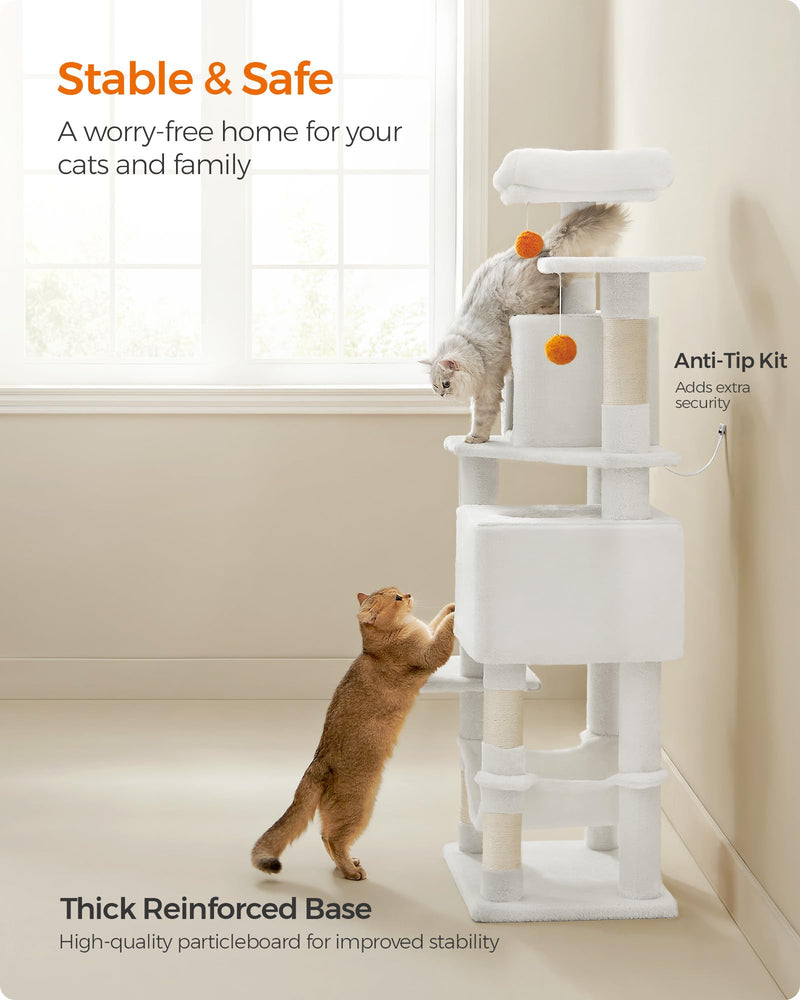 Feandrea 61" Cat Tree – Multi-Level Tower with Scratching Posts, Hammock & Caves, Cream White - Mingle & Moa