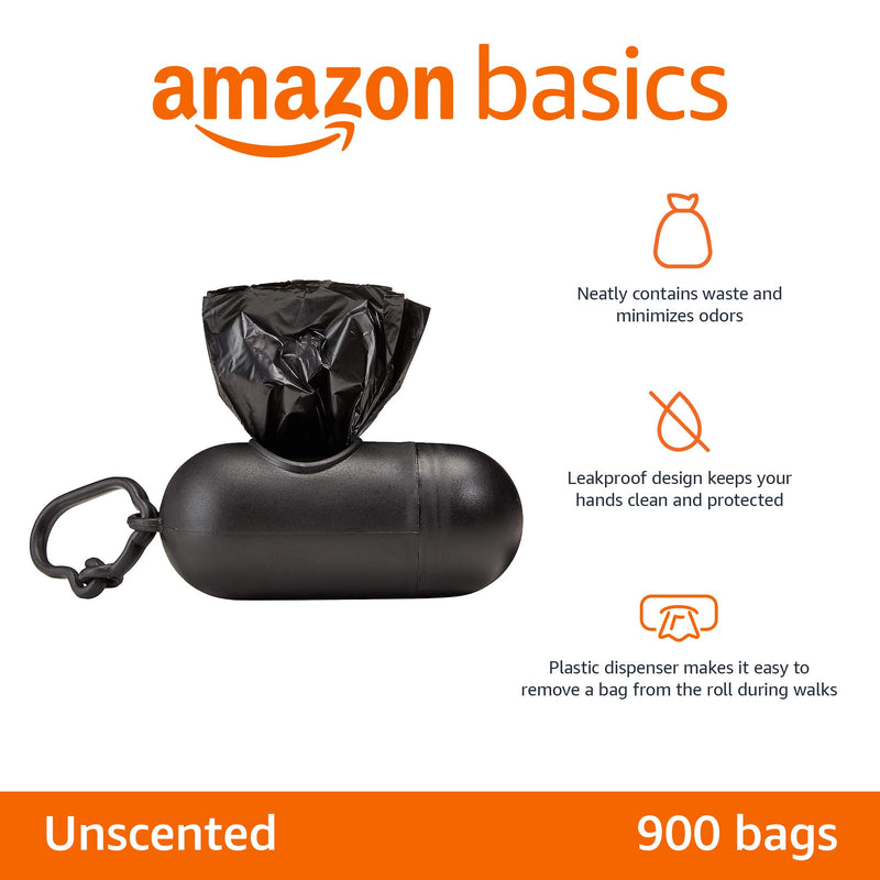 Dog Poop Bags, Leak-Proof and Unscented, with Dispenser and Leash Clip, 300 Count (20 Rolls of 15), Black, 13 x 9 Inch - Mingle & Moa