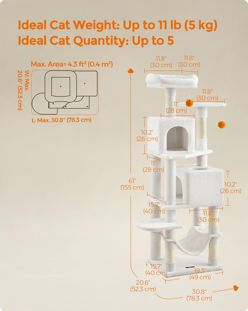 Feandrea 61" Cat Tree – Multi-Level Tower with Scratching Posts, Hammock & Caves, Cream White - Mingle & Moa
