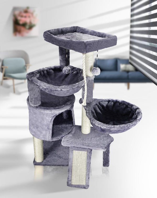 Xin Three Layer Cat Tree with Cat Condo and Two Hammocks,Grey - Mingle & Moa