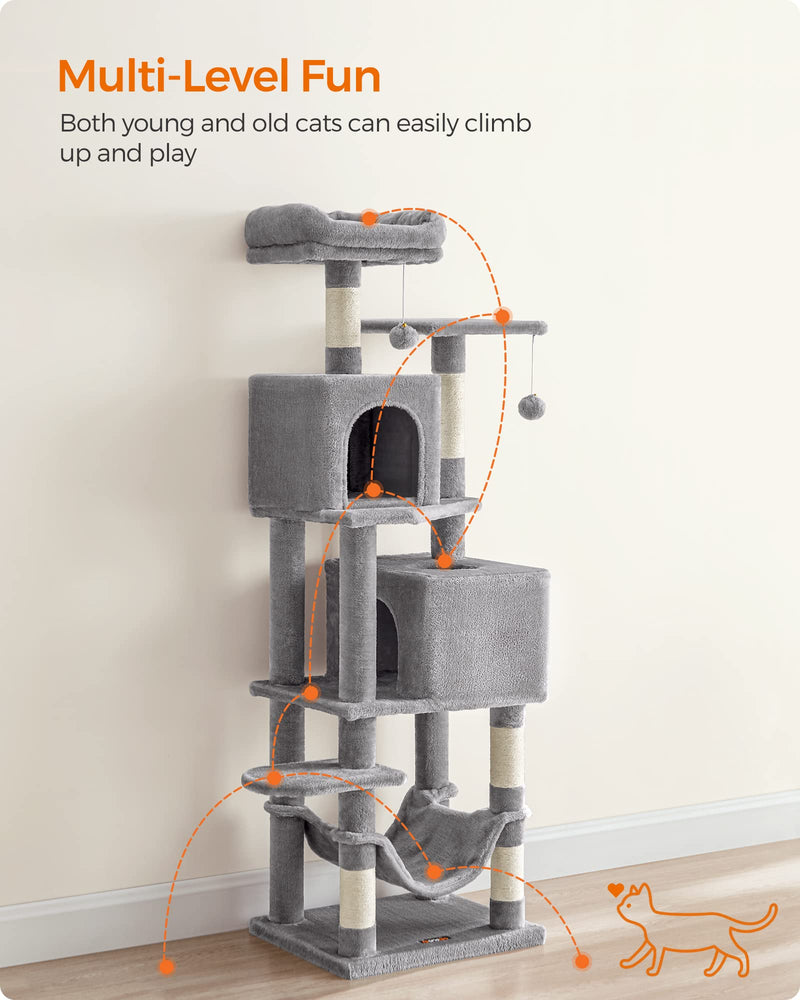 Feandrea 61" Cat Tree – Multi-Level Indoor Tower with Scratching Posts, Hammock & Caves, Light Gray - Mingle & Moa