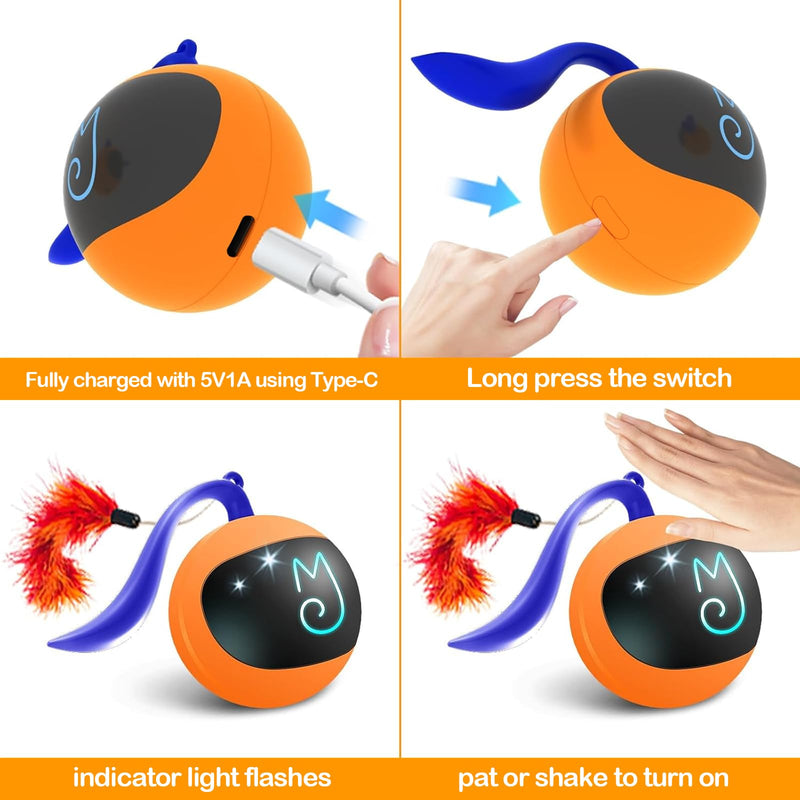 Migipaws Interactive Cat Toy Set (Orange) – Motion Activated Rolling Ball with Fluffy Tail & Mouse Accessories, Rechargeable, Fun Indoor Chase Toy for Cats - Mingle & Moa
