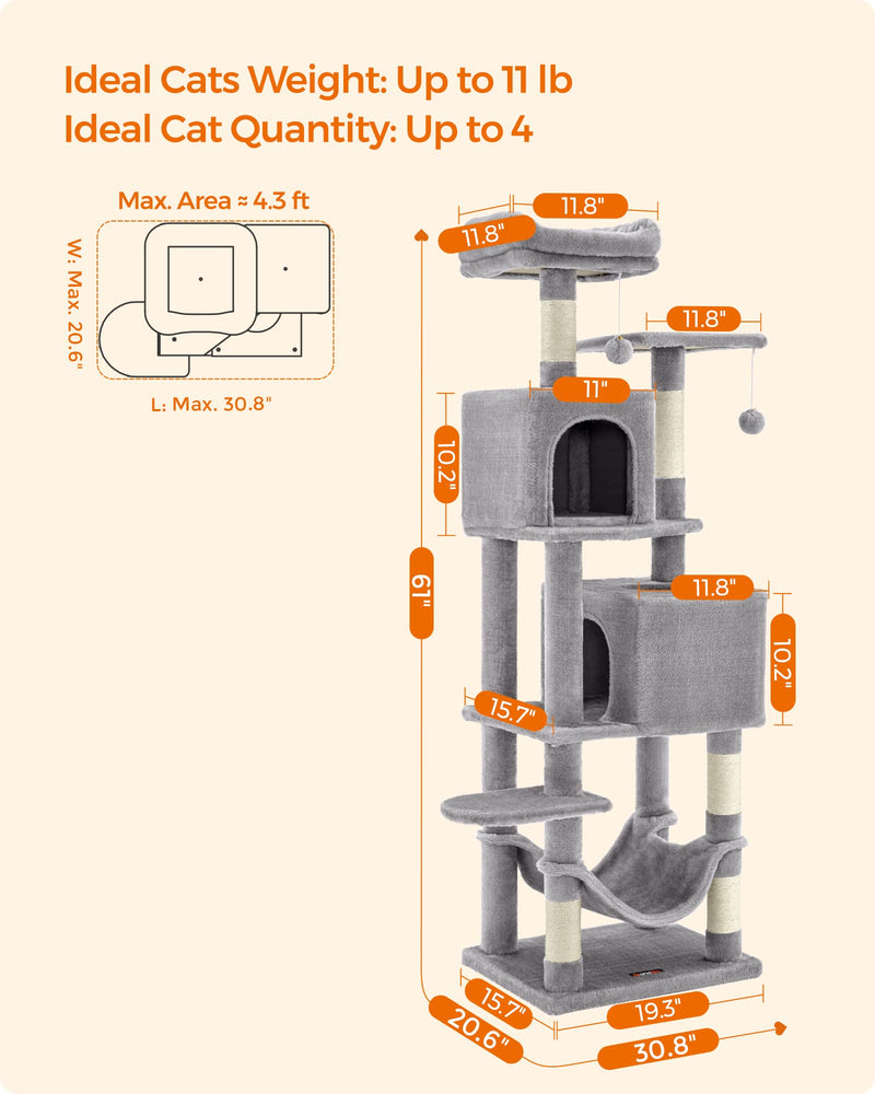 Feandrea 61" Cat Tree – Multi-Level Indoor Tower with Scratching Posts, Hammock & Caves, Light Gray - Mingle & Moa