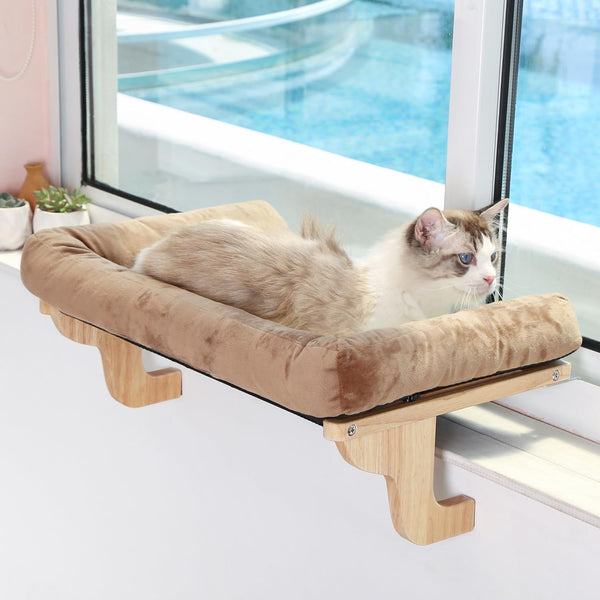 Zakkart Cat Window Perch - Orthopedic Hammock with Hardwood & Metal Frame, Natural Wood with Brown Bed - Mingle & Moa