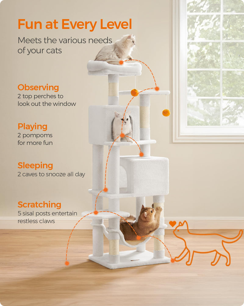 Feandrea 61" Cat Tree – Multi-Level Tower with Scratching Posts, Hammock & Caves, Cream White - Mingle & Moa
