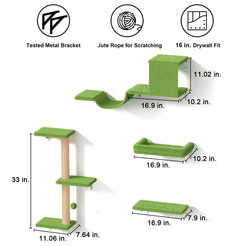 FUKUMARU 4-in-1 Cat Wall Set – Green (Bridge, Bed, Scratcher for 16" Drywall) - Mingle & Moa