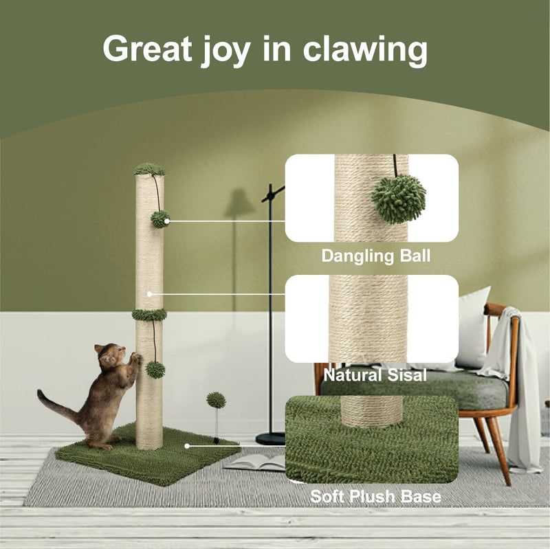 MECOOL Cat Scratching Post – 34" Tall Sisal Post with Ball, Cactus Green - Mingle & Moa