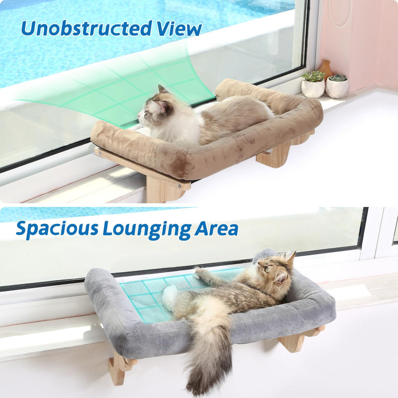 Zakkart Cat Window Perch - Orthopedic Hammock with Hardwood & Metal Frame, Natural Wood with Gray Bed - Mingle & Moa